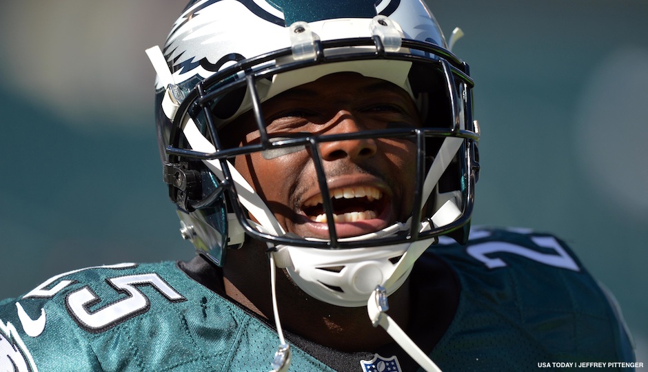 October 20, 2013; Philadelphia, PA, USA; Philadelphia Eagles running back LeSean McCoy (25) yells at Dallas Cowboys fans before the game at Lincoln Financial Field. Mandatory Credit: Jeffrey Pittenger-USA TODAY Sports