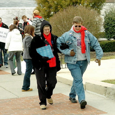 Barbara (left) and Cathy at a 2008 demonstration outside Lehigh Co. Courthouse. Photo courtesy of Express-Times.
