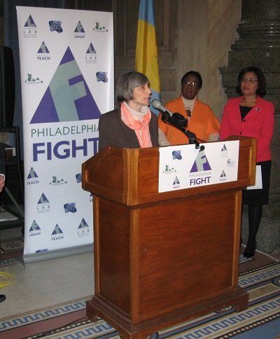 Philly FIGHT Executive Director Jane Shull and councilwomen Maria Quinones-Sanchez and Marian Tasco announce a new HIV clinic at a City Hall press conference this morning.