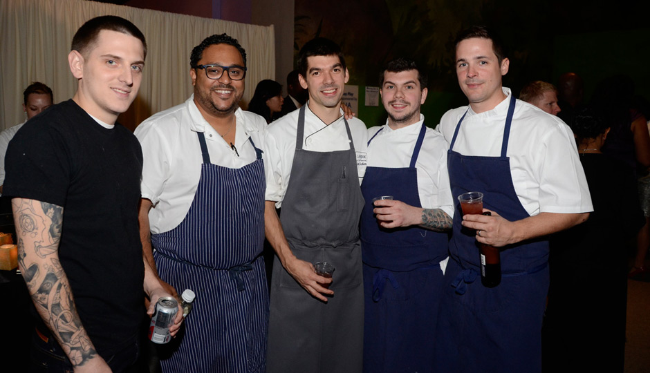 From left: <strong>Mike Griffiths</strong> of Fork, <strong>Kevin Sbraga</strong> of Sbraga, chef <strong>Jon Cichon</strong> of Lacroix, and <strong>Ed Konrad</strong> and chef <strong>Nicholas Elmi</strong> of Laurel.