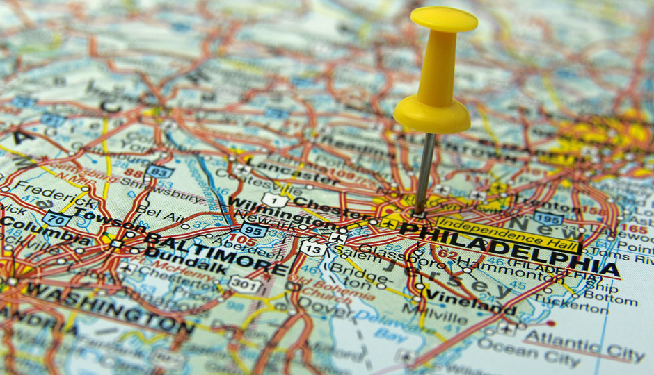 Philadelphia regional map with push pin