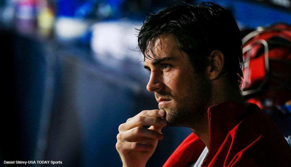 Philadelphia Phillies starting pitcher Cole Hamels (35) sits in the dugout in the first inning against the Atlanta Braves at Turner Field on Aug 12, 2013. Photo | Daniel Shirey-USA TODAY Sports