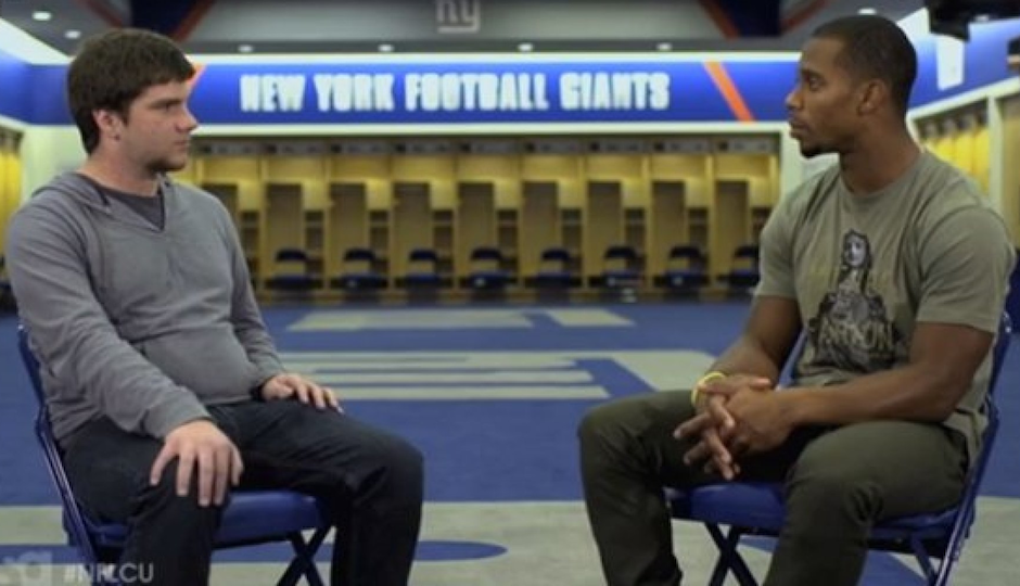 Arcadia University sophomore Joey Kemmerling talks with New York Giants wide receiver Victor Cruz about being bullied in middle school tonight on USA Network's TK. 