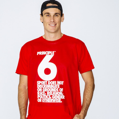 Former NFLer Chris Kluwe wearing an American Apparel tee to encourage diversity in sports just before the Sochi Olympics. 