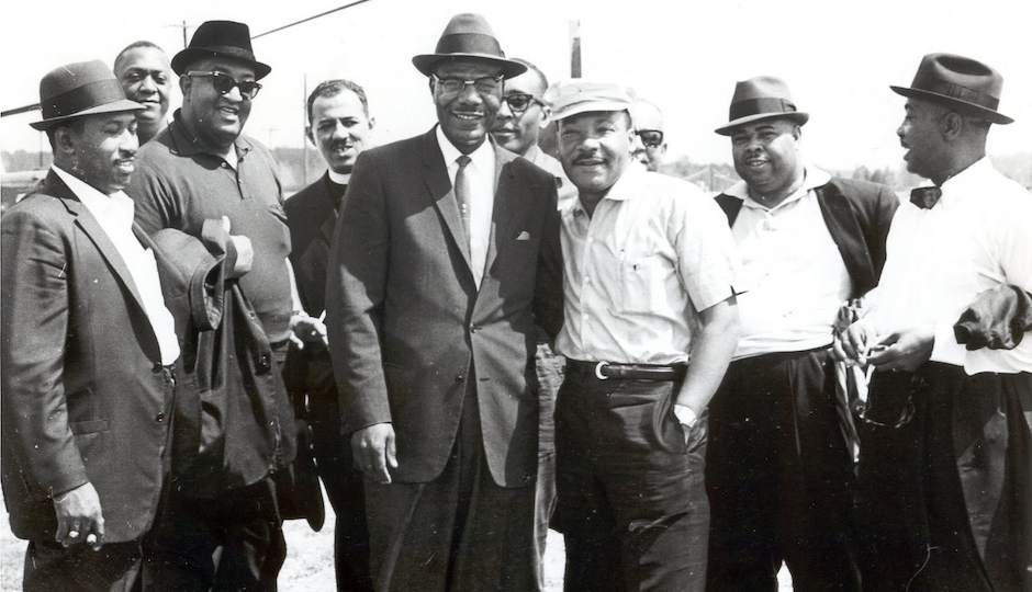 This photo — trom the Jack T. Franklin Photography Collection of the African American Museum in Philadelphia — shows Rev. King posing with the Philadelphia delegation of the Montgomery Civil Rights March in 1965. 
