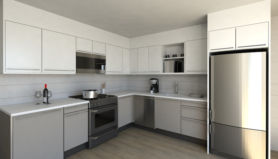 A rendering of a renovated kitchen in one of the units, courtesy of the developer