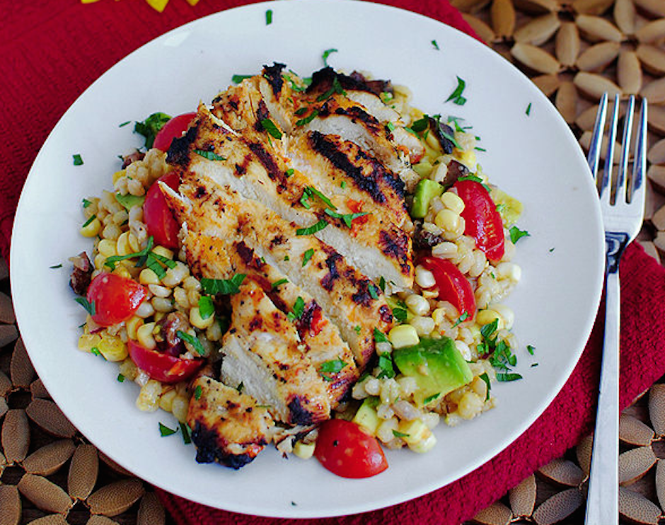 Grilled Chicken with Barley, Corn and Avocado Salad
