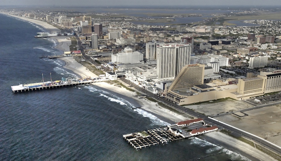 An aerial view of the beach and casinos in Atlantic City.