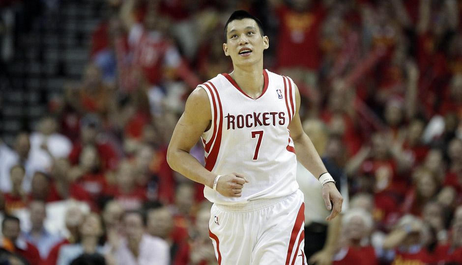 Apr 30, 2014; Houston, TX, USA; Houston Rockets guard Jeremy Lin (7) celebrates after making a three-pointer during the fourth quarter against the Portland Trail Blazers in game five of the first round of the 2014 NBA Playoffs at Toyota Center. Photo |  Andrew Richardson-USA TODAY Sports 