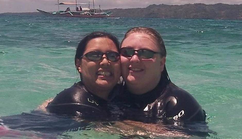 Lianne and Carimina swimming in the Philippines.