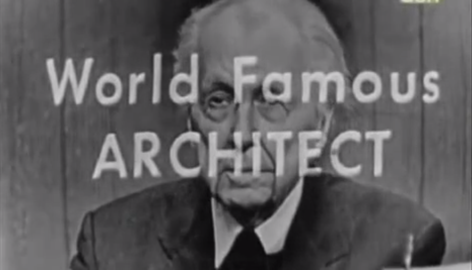 A screen shot from a film made by Hugh Petter, who's trying to build the first Frank Lloyd Wright designed-building in the UK. It shows Wright on the TV show "What's My Line?"