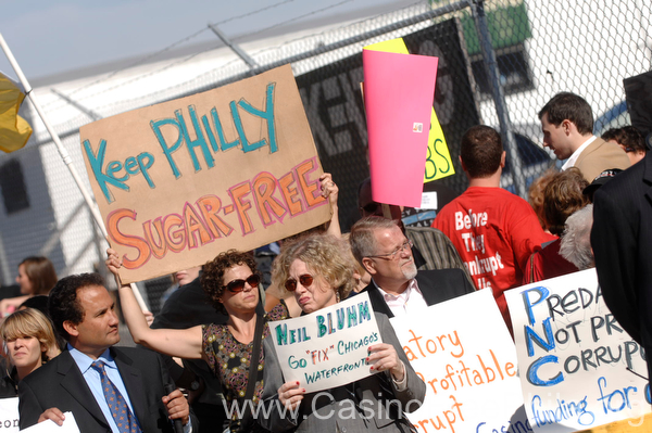 Protest by Casino-Free Philadelphia at SugarHouse's groundbreaking. Photo via casinofreephilly.org