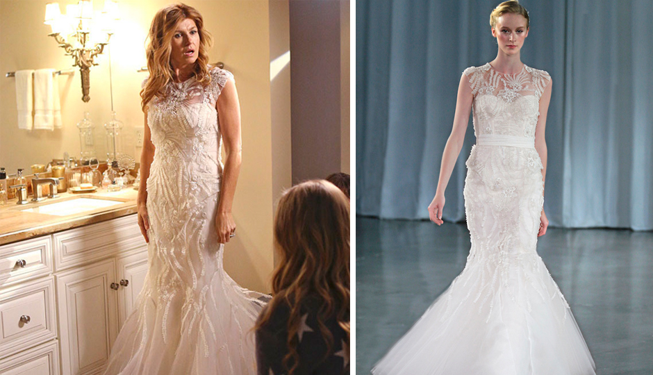 Rayna James' wedding dress, as seen on ABC's Nashville, and on the runway. 
