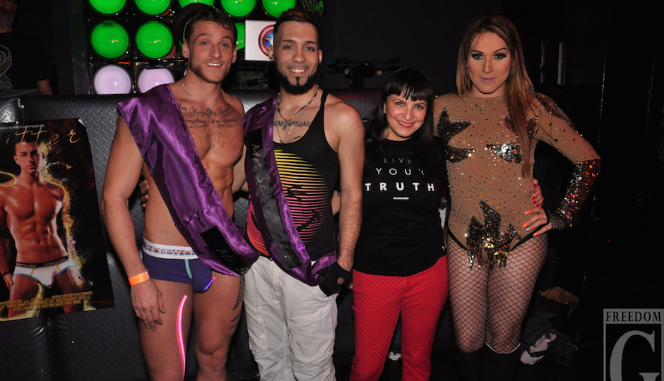 Mr. SEXO 2015 Marcous Marchese with last year's winner Syfr Gavriel, Elicia Gonzales and host Cyannie Famouz. Photo by Freedom G Photography