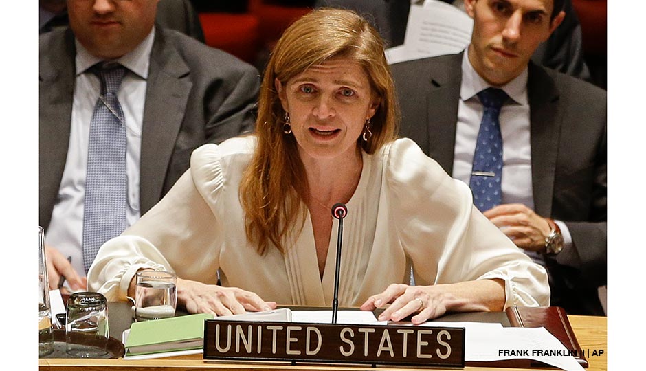 Samantha Power, the United States' ambassador to the United Nations, speaks during a meeting of the U.N. Security Council Monday, Dec. 22, 2014, at the U.N. headquarters. The U.N. Security Council placed North Korea's bleak human rights situation on its agenda Monday, a groundbreaking step toward possibly holding the nuclear-armed but desperately poor country and leader Kim Jong Un accountable for alleged crimes against humanity.