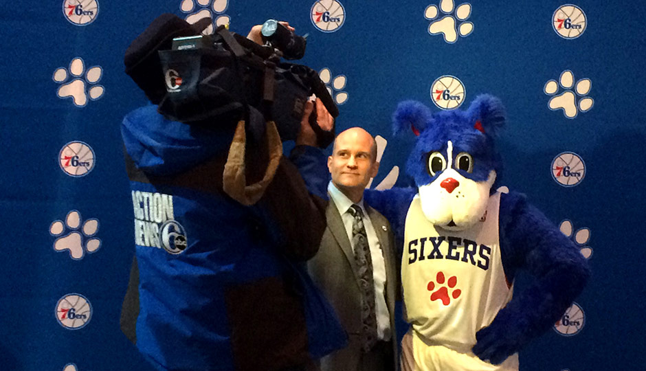 An Action News cameraman films Tim McDermott, chief marketing and innovation officer for the Sixers, and new mascot Franklin as they prepare for a TV interview (Photo: Dan McQuade)
