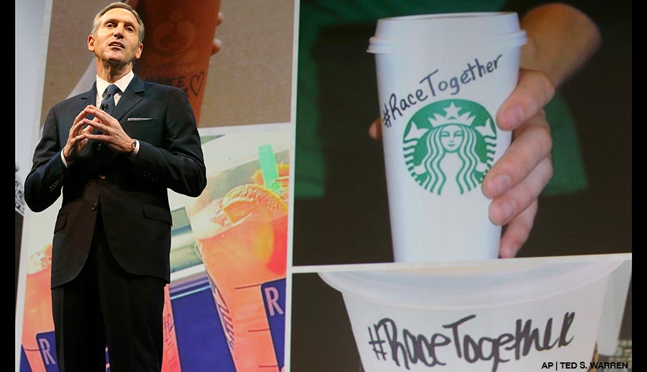 Starbucks CEO Howard Schultz speaks at the coffee company's annual shareholders meeting in Seattle on March 18th. 