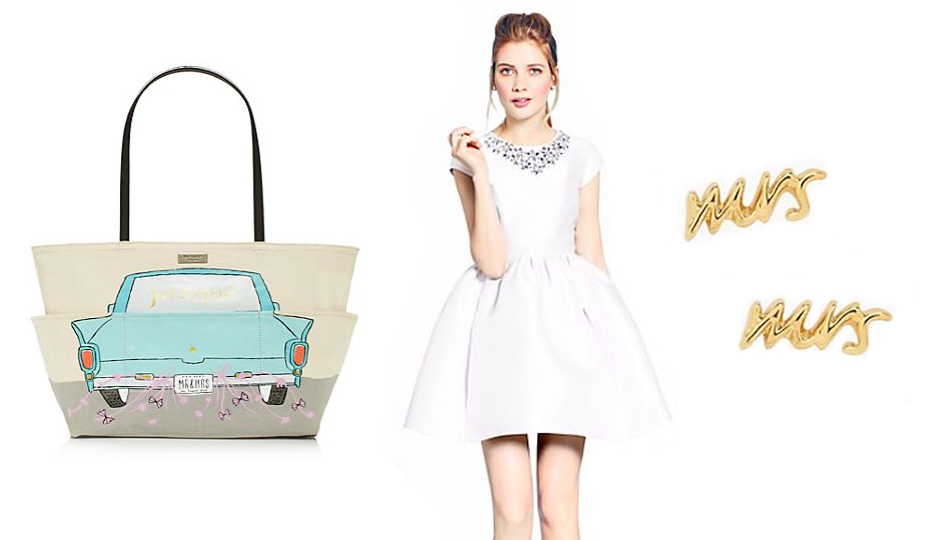 The Wedding Belles Francis tote; Quinlan dress; and Mrs. studs from Kate Spade.
