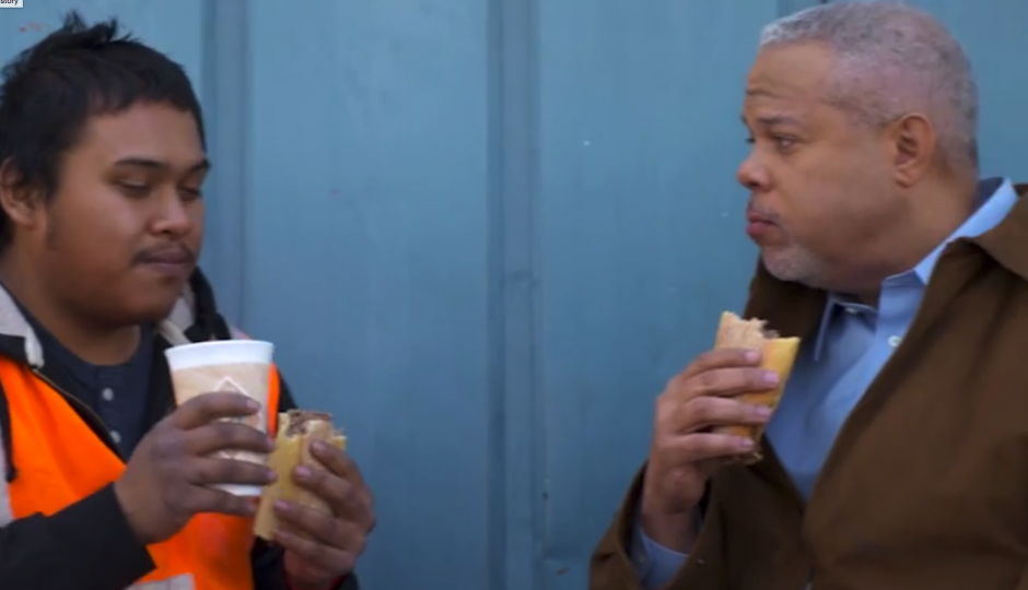 Political ad = cheesesteak consumption. | Screen grab of Tony Williams new campaign ad.