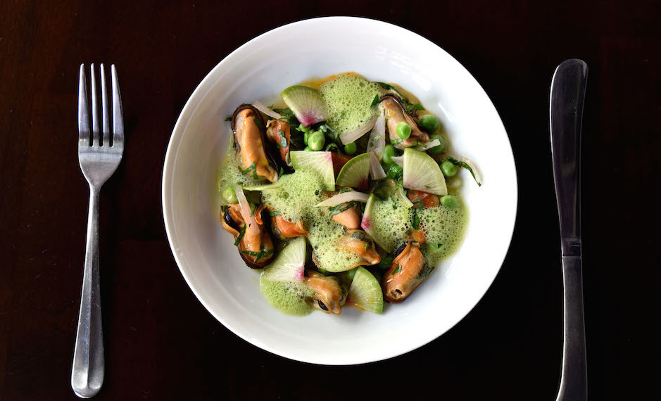 Poached Mussels with English Peas, Shaved Radish and Vinaigrette