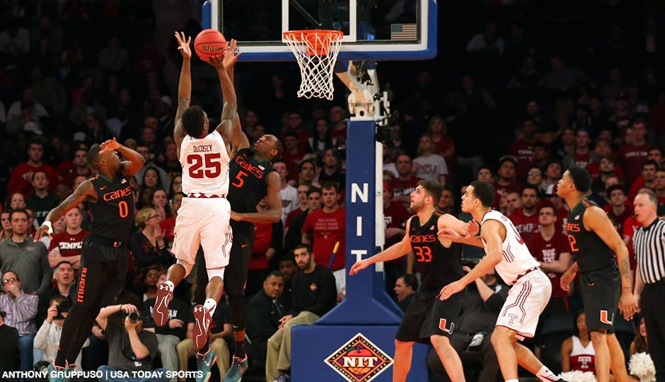 Miami Hurricanes guard Davon Reed (5) keeps Temple Owls guard Quenton DeCosey (25) from the net during the second half n the semifinals of the 2015 NIT college basketball tournament at Madison Square Garden. Miami Hurricanes won 60-57.