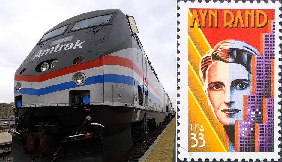 Amtrak train | Richard Thornton / Shutterstock.com. Ayn Rand stamp | catwalker / Shutterstock.com 