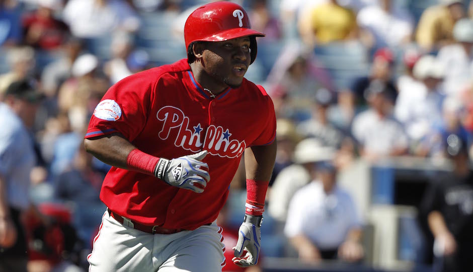 Mar 4, 2015; Tampa, FL, USA; Philadelphia Phillies third baseman Maikel Franco (7) singled during the fourth inning against the New York Yankees at a spring training game at George M. Steinbrenner Field. Mandatory Credit: Kim Klement-USA TODAY Sports