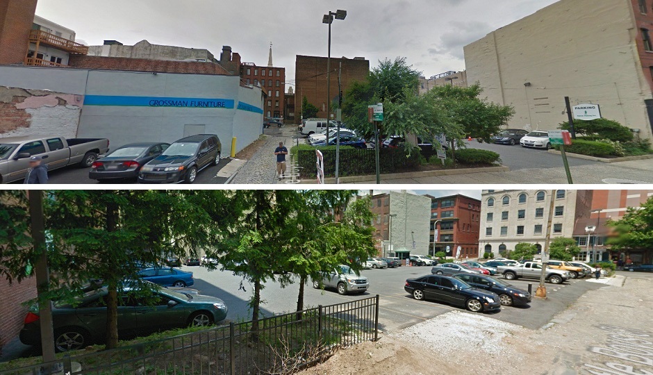 Top: View of site from Arch St; Bottom: View of site from south end of Little Boys Court| Images via Google Street View
