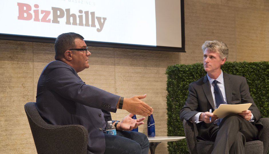 Stephen Starr (left) being interviewed by Philadelphia magazine editor Tom McGrath at the BizPhilly launch party.