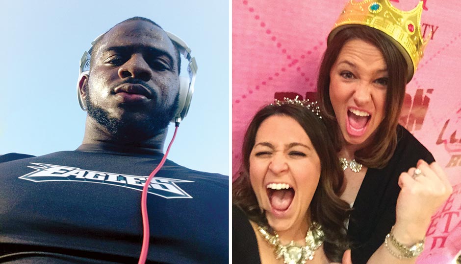 Left: Eagles defensive end Fletcher Cox, August 20, 2012. Right: WMMR’s Marisa Magnatta and Kathy Romano at the Preston and Steve sorority formal, April 9, 2015.