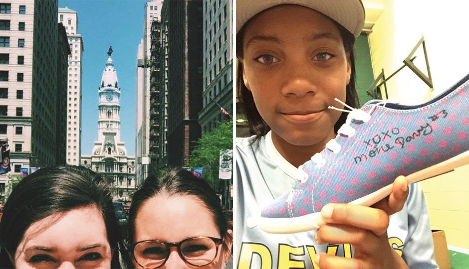 Left: Reader Selfie: Dana Clark and Shannan Healy on Broad Street near City Hall for a “sunny day with William,” May 7, 2015. Right: Mo’ne Davis at the Marian Anderson Rec Center in Grad Hospital, signing shoes from her sneaker collection to raise funds for Nepal earthquake relief, May 11, 2015.