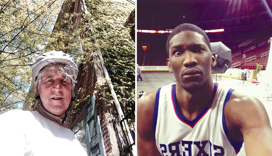 Left: Center City District president/CEO Paul Levy at 3rd and Pine streets, May 2, 2015. Right: Joel Embiid at the Sixers’ media day, September 29, 2014. “I’m Rihanna’s spirit animal.”