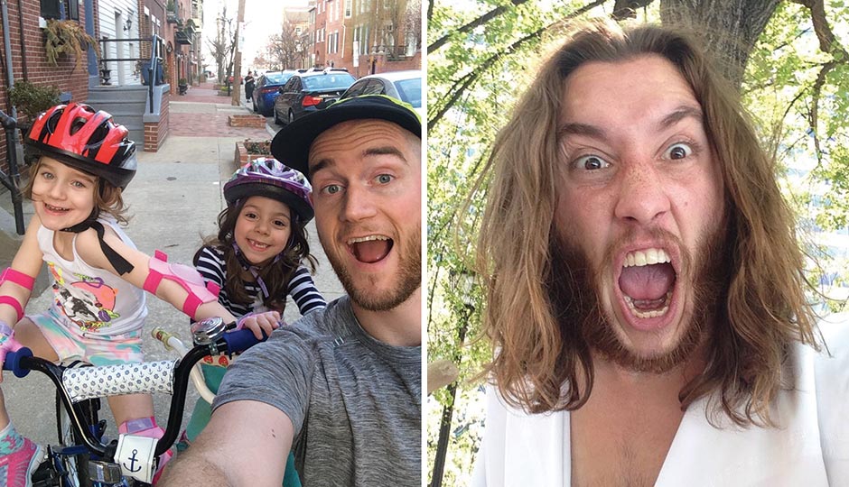 Left: Jon Lyons, Run215, with daughter Eden (left) and her friend Jackie. Right: Philly Jesus (Michael Grant).