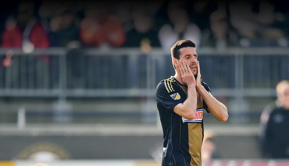 Sébastien Le Toux after a missed goal earlier this year. Photo by Drew Hallowell/Getty