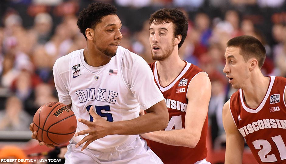 Apr 6, 2015 Duke Blue Devils center Jahlil Okafor (15) drives to the basket against Wisconsin on April 6, 2015 during the NCAA Men's Division I Championship game. | Robert Deutsch-USA TODAY Sports 