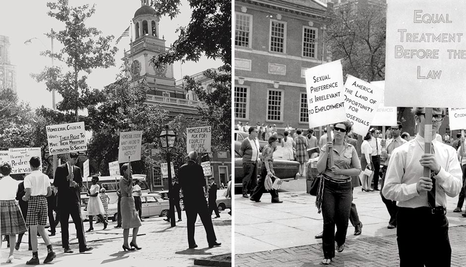 Left: The first Annual Reminder in 1965 (photo: LGBT50.org). Right: Marchers in 1969 (photo: Nancy Tucker/Lesbian History Archives).