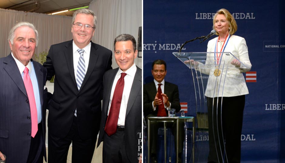 Jeb Bush (center, at left) and Hillary Clinton at Clinton's Liberty Medal ceremony. | HughE Dillon