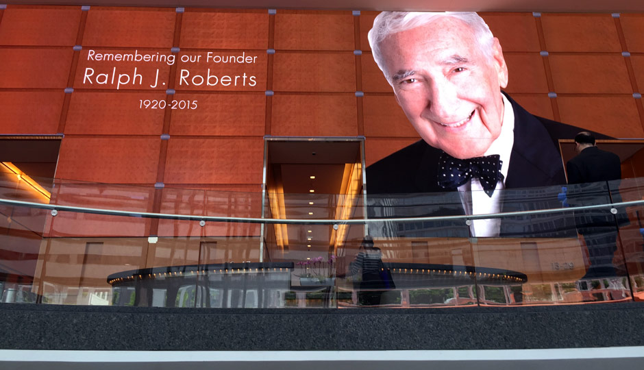 At the Comcast Center, Ralph Roberts was paid tribute on the lobby's video screens.