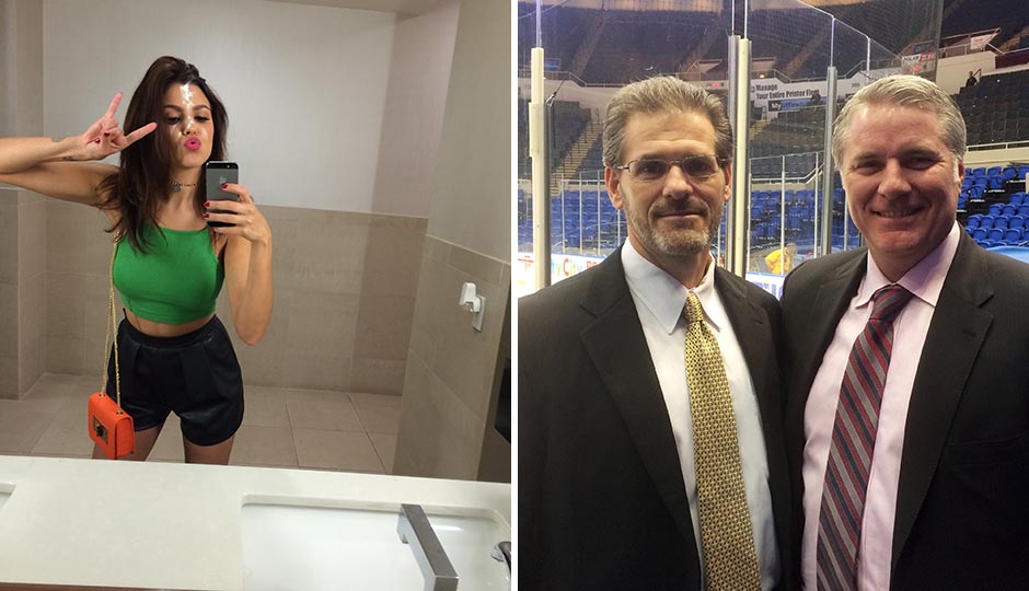 Left: Playboy Playmate Val Keil. Flyers general manager Ron Hextall and New York Islanders GM Garth Snow.