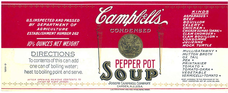 Circa 1914 Pepper Pot Soup label courtesy of Campbell's