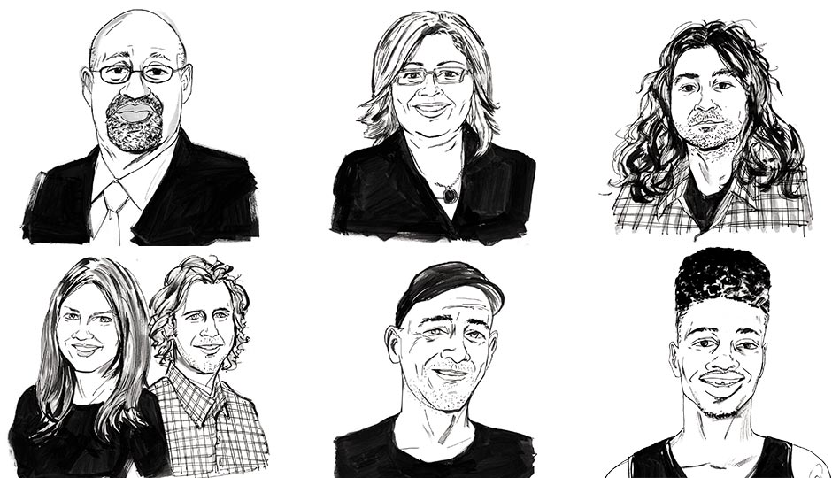 Clockwise from upper left: Mayor Michael Nutter, Maria Quiñones-Sánchez, Adam Granduciel of the band War on Drugs, Nerlens Noel, Todd Carmichael, Courtney and Chad Ludeman. Illustrations by Brett Affrunti
