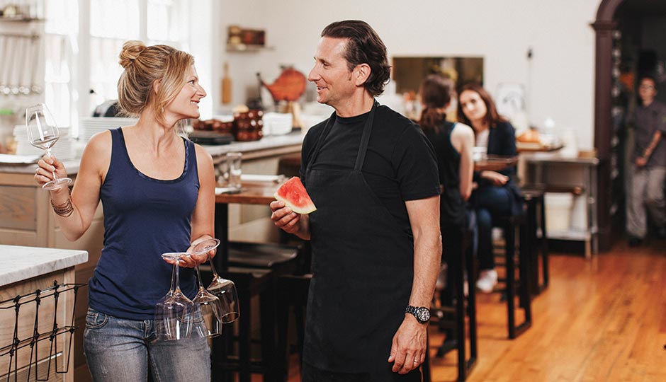 Kate Jacoby, co-owner, manager and pastry chef of Vedge and V Street, with her husband, Rich Landau, at Vedge. Photograph by Gene Smirnov