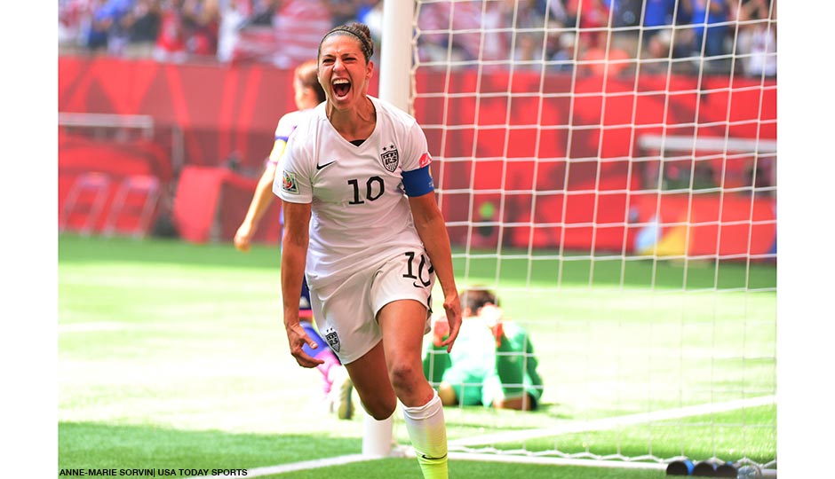Jul 5, 2015; Vancouver, British Columbia, CAN; United States midfielder Carli Lloyd (10) reacts after scoring a goal against Japan in the first half of the final of the FIFA 2015 Women's World Cup at BC Place Stadium. 