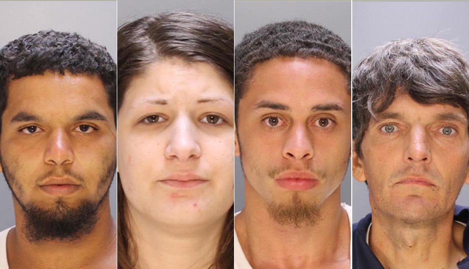 From left, drug-dealing suspects Alexis Salamon, Gina Collette, Alfredo Negron, and David Nowicki were among last week's arrests. Photos via Philadelphia Police Department photos