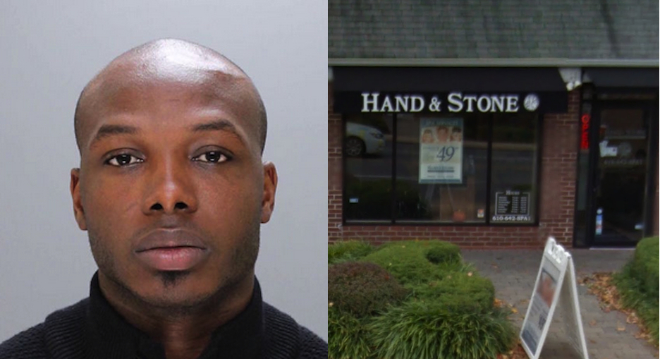Left: Former massage therapist Jerome McNeill in 2014 Philadelphia Police department photo. Right: The Hand & Stone spa in Haverford (via Google Maps.)