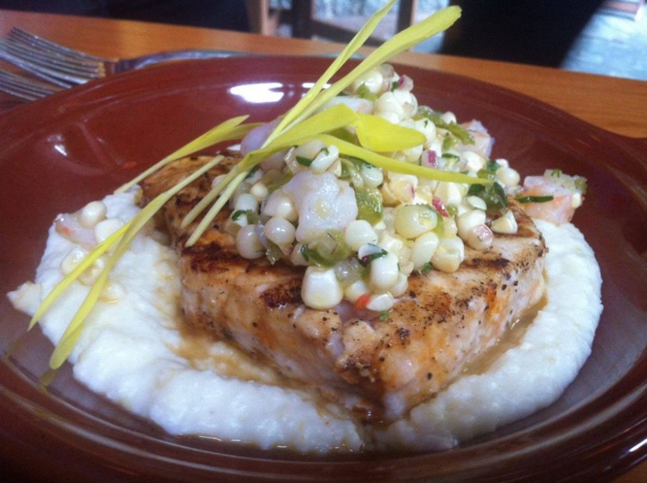 Last year's shark dinner entree: grilled shark with tequila creamed grits and a corn and bacon salsa. 