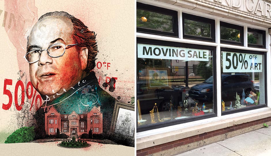 Left: Illustration by Peter Strain. Right:  The I. Brewster Gallery near 21st and Race. Photograph by Christopher Leaman