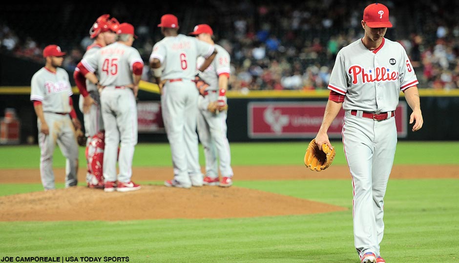 Philadelphia Phillies starting pitcher David Buchanan (55) leaves the game during the second inning against the Arizona Diamondbacks at Chase Field on August 11th.