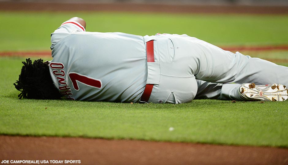 Philadelphia Phillies third baseman Maikel Franco lies on the field after being hit by a pitch against the Arizona Diamondbacks during the first inning at Chase Field on August 11th.