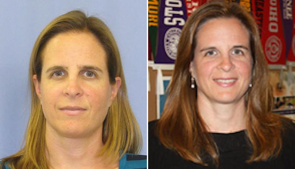 Suspect Emily Feeney, from left, in her mugshot via Chester County District Attorney's Office, and in her Malvern Prep bio. 